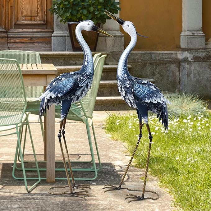 33-35 Inch Blue Heron Garden Statues for Outside, Metal Cranes for Yard Outdoor Decor, Standing Bird Sculptures for Patio, Lawn, and Backyard, Garden Sculptures & Statues, Set of 2