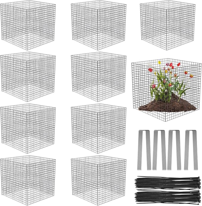 10 Pack Wire Plant Protectors Square Wire Plant Cages Mesh Plant Cage Chicken Wire Cloche with 40 Ground Stakes and 200 Nylon Ties Protect Plants, Garden,Shrubs and Vegetables from Animals, 12x12 inch