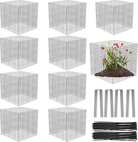 10 Pack Wire Plant Protectors Square Wire Plant Cages Mesh Plant Cage Chicken Wire Cloche with 40 Ground Stakes and 200 Nylon Ties Protect Plants, Garden,Shrubs and Vegetables from Animals, 12x12 inch