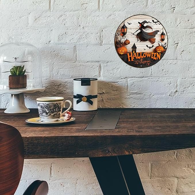 PEACHGARDEN Round Happy Halloween Witch Vintage Sign Pumpkin Metal Tin Sign for Home Bar Kitchen Hotel Dining Room Coffee 8x8inch