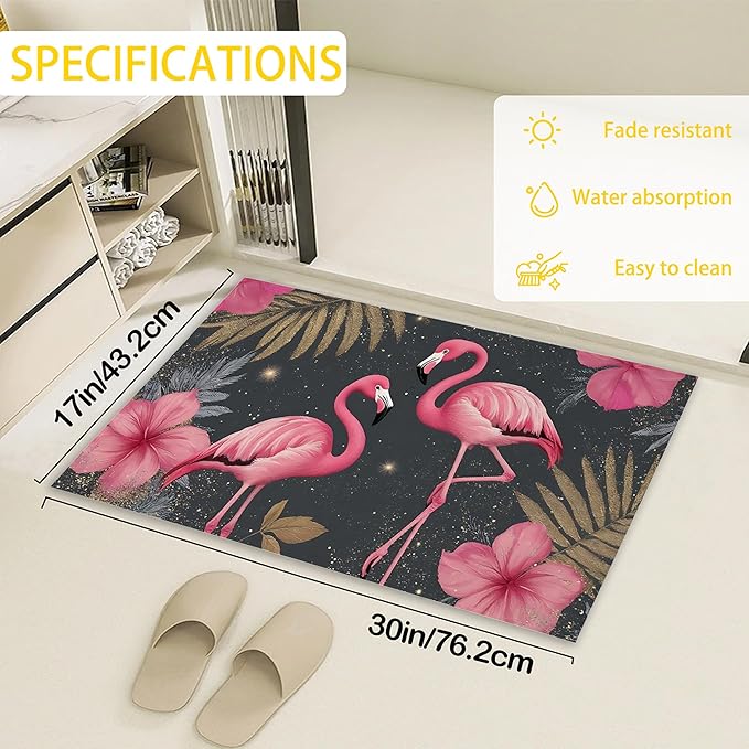 Front Door Mat,Pink Flamingo Doormat Outside Entrance,Non-Slip Gold Palm Leaves Entryway Rug for Porch Patio, Felt Low Profile Welcome Mat Indoor for Hallways, 30 x 17 Inch