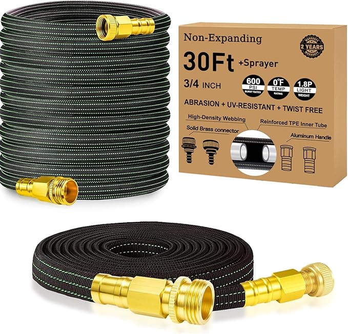 30FT Lightweight Garden Hose,Flexible Water Hose with Solid Brass Head,Kink-Free,Collapsible Hose,High Pressure Flat Water Hose for RV,Boat,Car Wash,Garden,Yard,Camper (GreenBlack, 30FT+Nozzle)