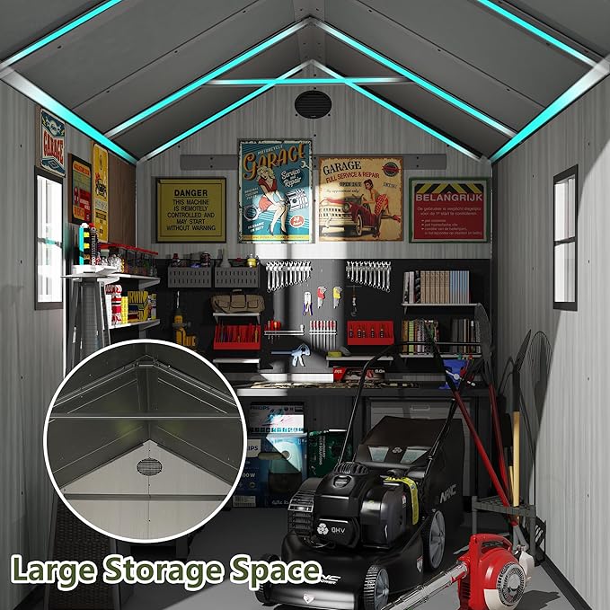 Resin Shed, Outdoor Shed with Floor, Outside Storage Sheds with Lockable Door, Window, Vents for Backyard, Garden, Lawn (7FT x 9FT)