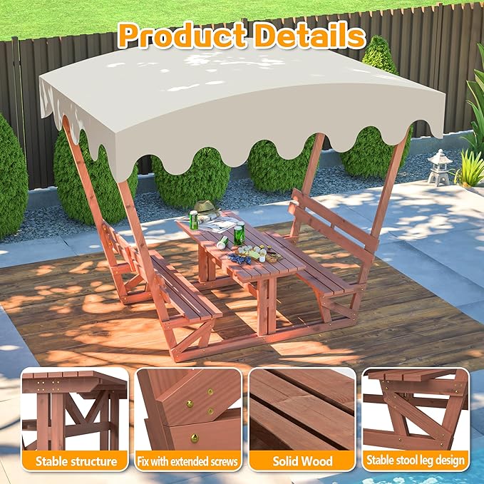 Outdoor Waterproof Solid Wood Picnic Table with Removable Canopy & Benches, Rectangle Tabletop, All-Weather for Patios, Gardens, Decks, Parks, Beaches