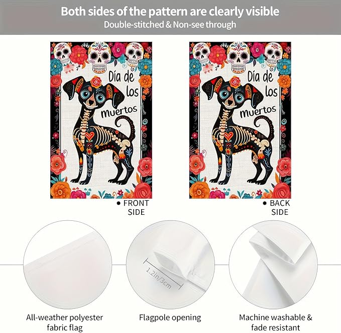 Day of the Dead Garden Flag Dachshund Skeletons Flowers Garden Flag Double Sided 12.x18 Inch Welcome Dog Flag Halloween Flag Mexican Dia De Los Muertos Sugar Skull House Decorations Outdoor