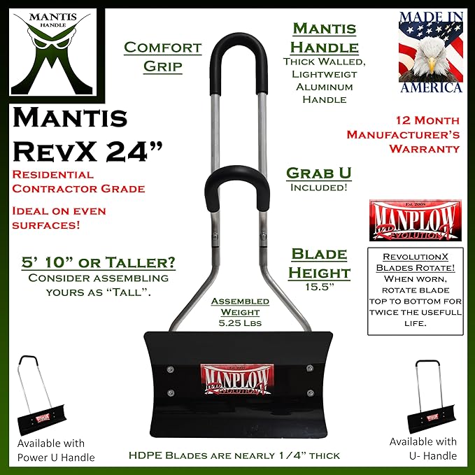 MANPLOW RevolutionX Snow Pushers and Shovels (Mantis Handle, 24")