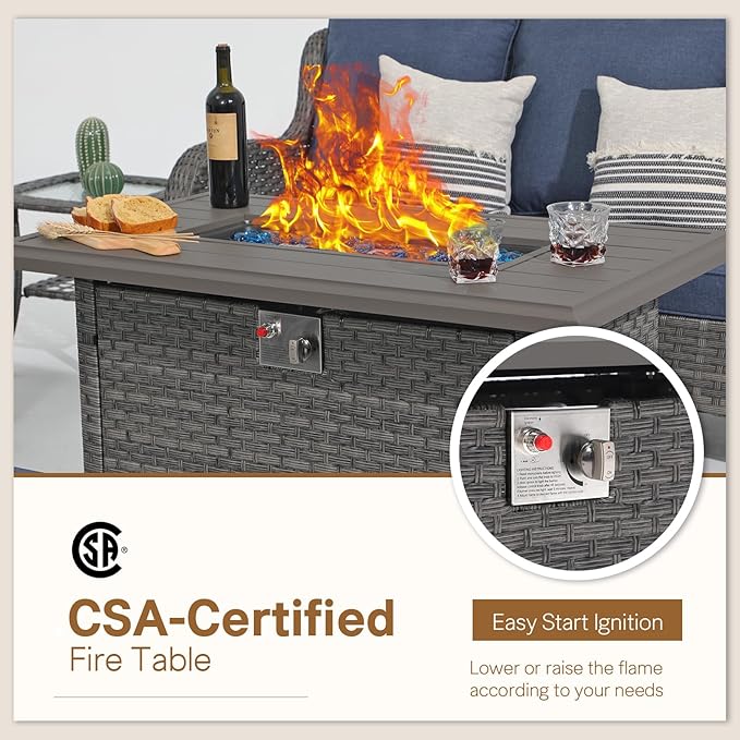 SUNSITT Outdoor Fire Pit Table 43 Inch Wicker Propane Fire Pit with Aluminum Tabletop 50,000 BTU Gas Firepit with Fire Glass, Lid, Cover, Taupe Rattan