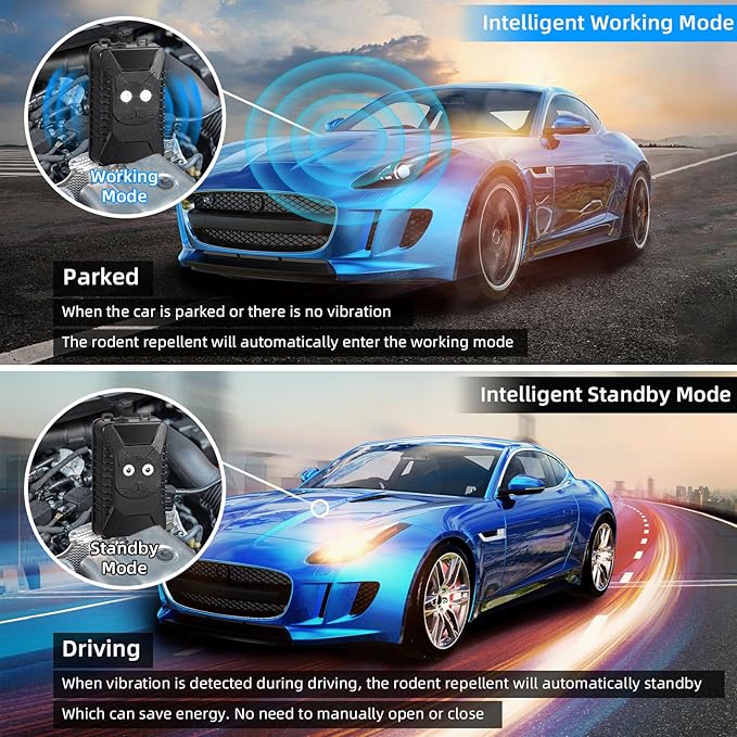 Rodent Repellent for Car Engines, 2 Pack Plug-in Rodent Repeller Ultrasonic Indoor, Battery Operated Car Mouse Repellent Under Hood, Keep Mice Rat Squirrel Out of Car, Attic, Garage, Barn