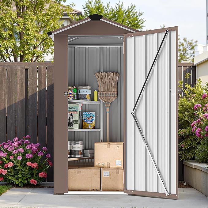 2.5x1.4 FT Heavy-Duty Brown Metal Storage Shed–Lockable Small Tool Shed with Adjustable Shelves Garden Sheds & Outdoor Storage, Tool Shed Outdoor Storage in Garden, Backyard, Patio, Poolside