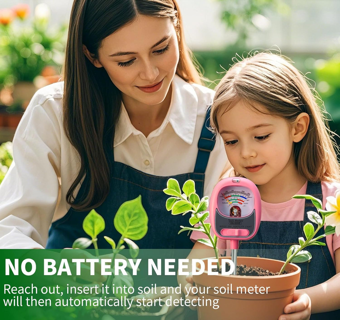 HSLGOVE Soil Test Kit,4-in-1 Soil Moisture Meter,Soil PH Meter/Fertility/Sun-Light, Large Dial Soil Tester-MilkPink