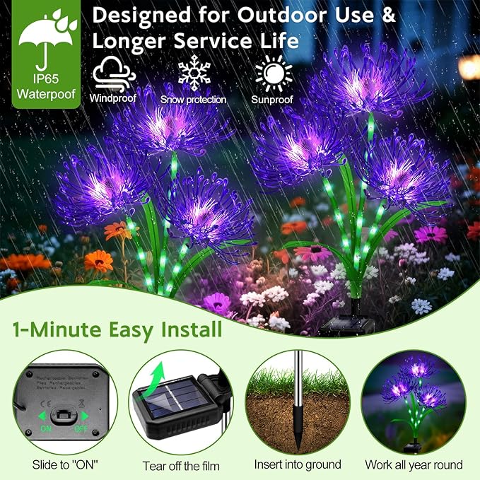 Halloween Solar Lights Outdoor – Purple Spider Lily Flowers,8 Pack 24-Head with Glowing Stems,Waterproof Solar Powered Garden Decor for Yard,Patio,Lawn,Spooky Halloween Decorations & Gifts