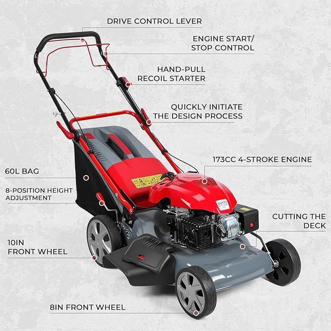 20-Inch Gas Lawn Mower | Self-Propelled Push Mower with 173cc Engine & 60L Grass Bag for Medium to Large Yards (Red)