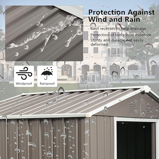 6x5 FT Outdoor Storage Shed, Metal Garden Shed with Frame Floor, Outside Tool Shed with Window, Waterproof Storage Building with Lockable Sliding Doors & Sloped Roof for Backyard, Patio, Warm Gray
