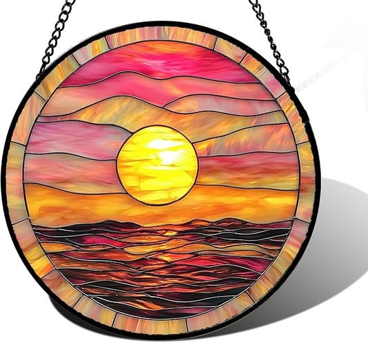 Stained Glass Window Hanging, Sunrise Sea Surface Sun Catchers Diamond Glass Panel Hangings Abstract Suncatcher Decor for Birthday for Women, Men, Wife, Aunt, and Mom 9.8 in