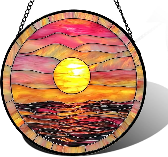 Stained Glass Window Hanging, Sunrise Sea Surface Sun Catchers Diamond Glass Panel Hangings Abstract Suncatcher Decor for Birthday for Women, Men, Wife, Aunt, and Mom 11.8 in