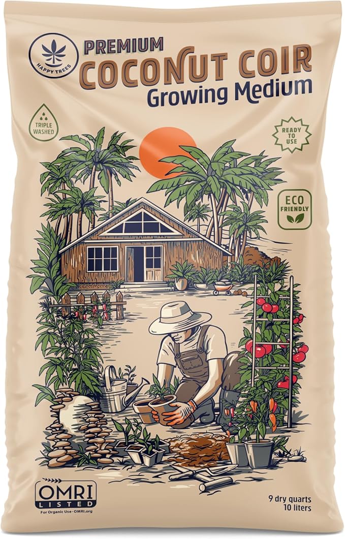Happy Trees Coco Coir Loose Coconut Fiber Growing Medium, Potting Mix, Seed-Starting, Premium Quality, Triple-Washed for Low Salt/EC, pH Balanced, Peat-Free, Organic, 9 Quarts (10L)