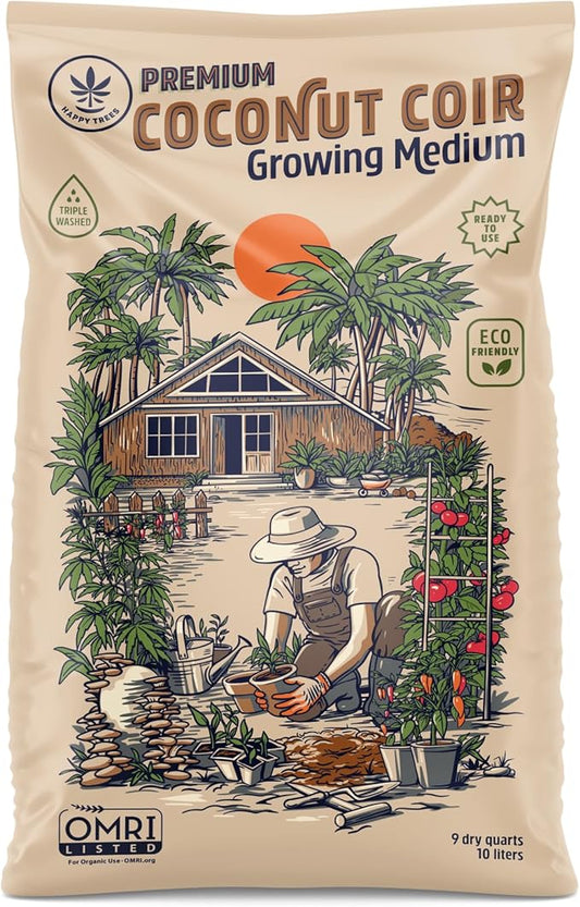Happy Trees Coco Coir Loose Coconut Fiber Growing Medium, Potting Mix, Seed-Starting, Premium Quality, Triple-Washed for Low Salt/EC, pH Balanced, Peat-Free, Organic, 9 Quarts (10L)