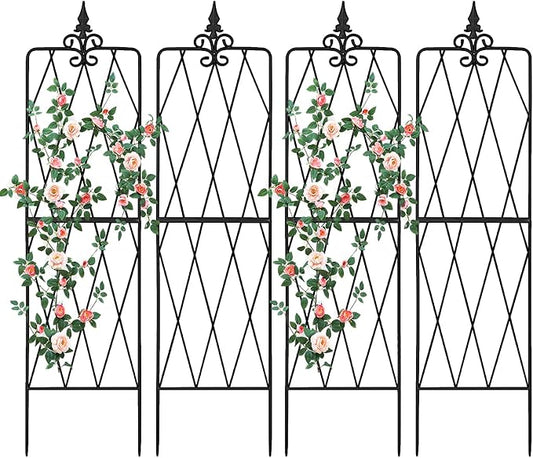 Garden Trellis for Climbing Plants Outdoor, Metal Garden Trellises, Decorative Garden Fencing Flower Trellis with Durable Powder Coating for Vines Plant Rose, Vegetable Support, Black (4, Pattern-A)