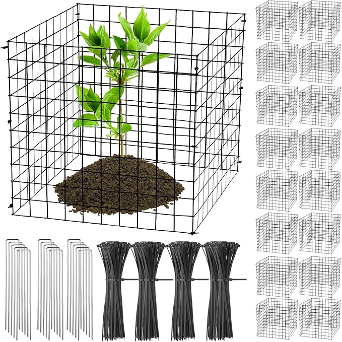 Zubebe 14 Pack Small Wire Plant Protectors Square Plant Protectors from Animals Mesh Cage Chicken Wire Cloche for Shrubs and Vegetables with Ground Stakes and Nylon Ties (15 x 16 Inch)