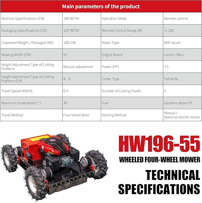 Remote Control Lawn Mower Electric Start 30° Climbing Four-Wheel Drive 7.5HP All Terrain Grass Cutter Yard Mower (HW-196-55JY)