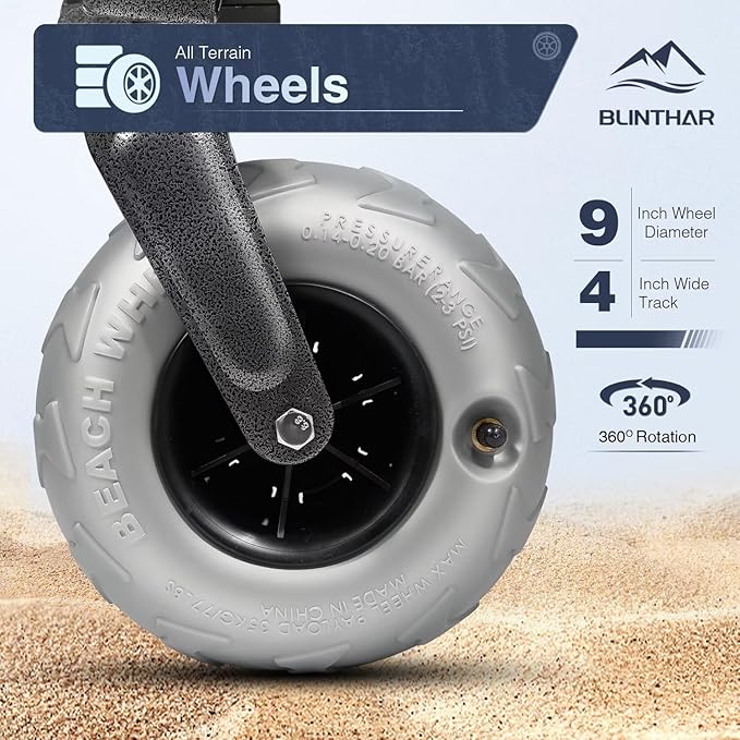 Beach Wagon with Big Wheels for Sand, Heavy Duty Collapsible Folding Wagon with All-Terrain 9" Pneumatic Tires & Drink Holders, Utility Wagon for Garden Sports Camping Outdoor Activities