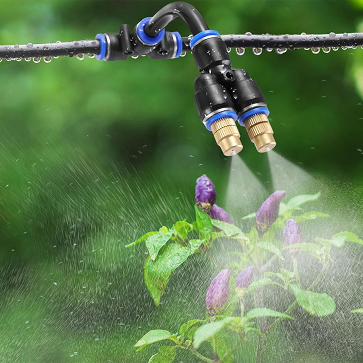 Mornajina 3Packs 2 Way Brass Misting Nozzles Tee with 9inch Built in Hose for Outdoor Cooling System, Adjustable 360° Rotation, Water Mister Nozzles Thread Sprayer 0.043" (1.1 mm)