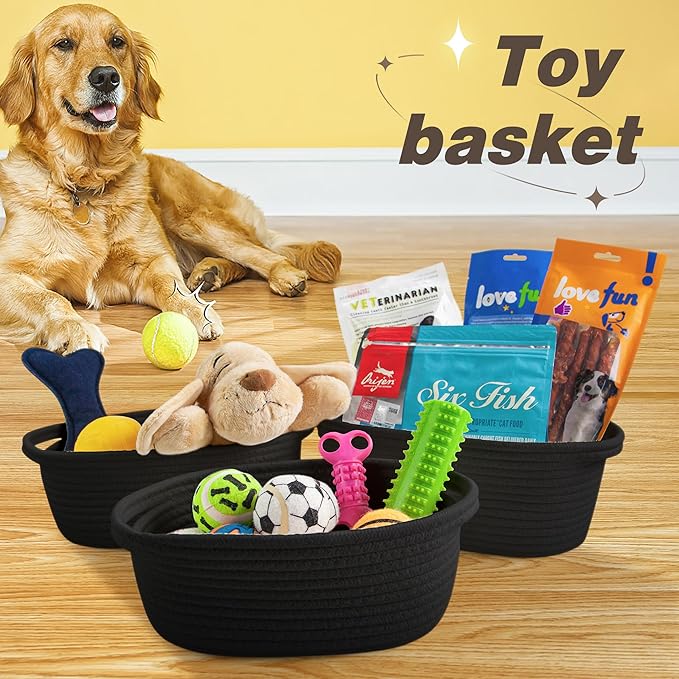 Pro Goleem Small Woven Basket with Gift Bags and Ribbons Durable Baskets for Gifts Empty Small Rope Basket for Storage 12"X 8" X 5" Baby Toy Basket with Handles, Black
