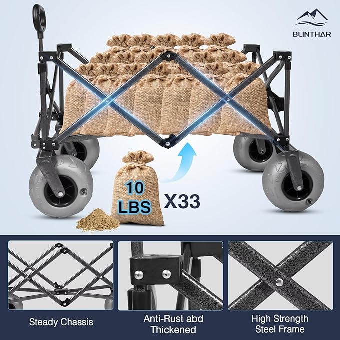 Beach Wagon with Big Wheels for Sand, Heavy Duty Collapsible Folding Wagon with All-Terrain 9" Pneumatic Tires & Drink Holders, Utility Wagon for Garden Sports Camping Outdoor Activities