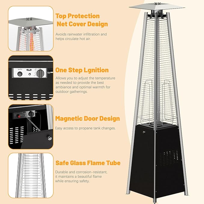 FOOWIN Patio Heater,48,000 BTU Outdoor Patio Heater with Wheels,Propane Patio Heater w/Waterproof Cover & Gloves,Quartz Glass Tube Pyramid Patio Heater for Outdoor Use,Party,Backyard,Garden,Black