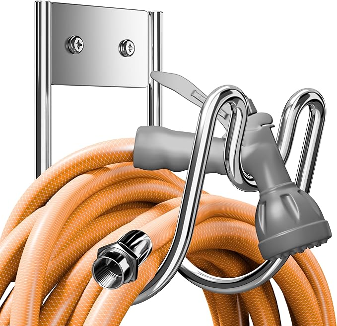 Stainless Steel Garden Hose Holder - Silver SS304 Water Hose Holder - Wall Mounted Hose Hanger Heavy Duty for Water Hose Extension Cords Vacuum Hose, Anti-Rust.