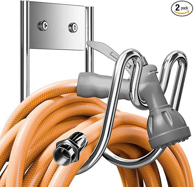 Stainless Steel Garden Hose Holder - Silver SS304 Water Hose Holder - Wall Mounted Hose Hanger Heavy Duty for Water Hose Extension Cords Vacuum Hose, Anti-Rust (2 Pack)