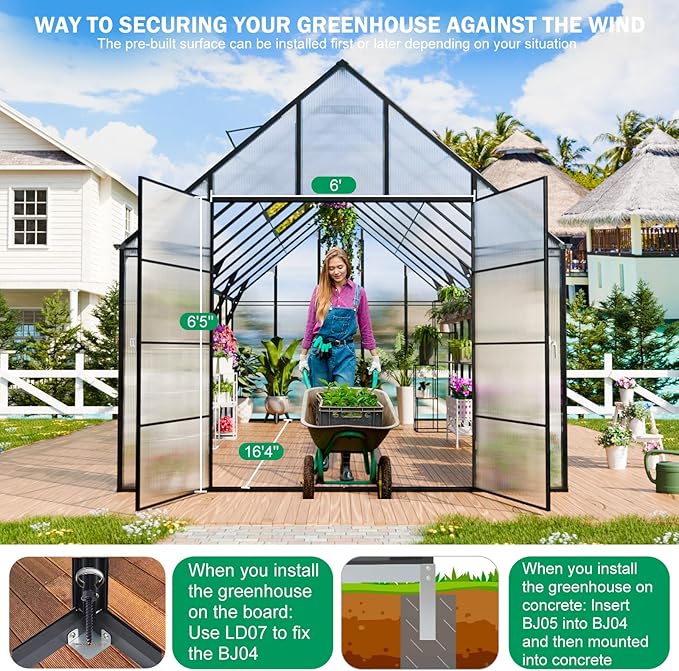Large Greenhouse, 10x20 FT Easy Assembly Hybrid Polycarbonate Greenhouses for Outdoors w/Vent Windows & Swing Door Walk-in Greenhouses Aluminum Green House for Outside, Black