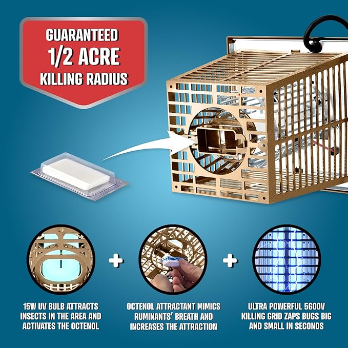 Flowtron Electric Bug Zapper 1/2 Acre Outdoor Insect Control with Dual Lure Method, 15W UV Light & Octenol Attractant for Fly & Mosquito, 5600V Kill Grid, Made in USA, UL Certified - Tan Color