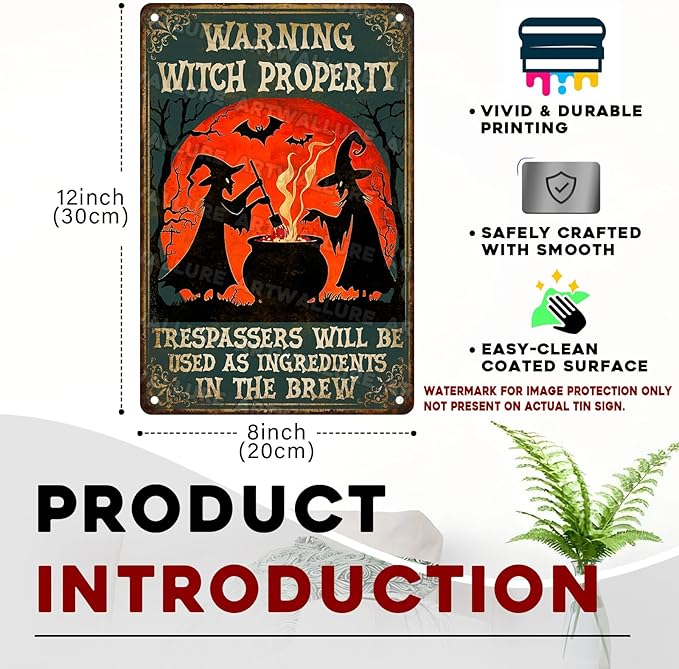Witch Property Warning Vintage Sign Halloween Witch Metal Tin Sign for Home Bar Kitchen Hotel Dining Room Coffee 8x12inch