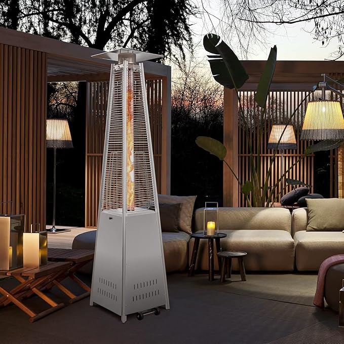 Pyramid Patio Heater with Wheels, Quartz Glass Tube Outdoor Heaters for Patio with Triple Protection System, CE & ETL Certified, 89 Inch LP Propane Tower Heater T for Commercial Residential, Silver