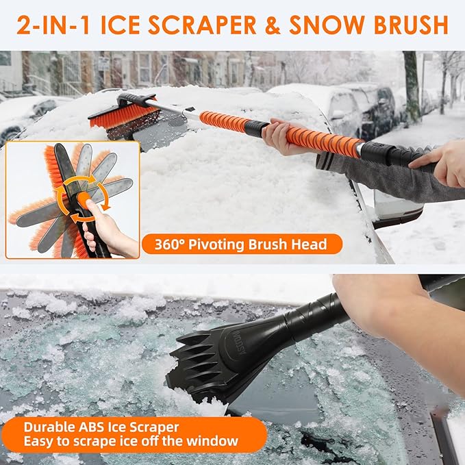 AstroAI 62.4" Ice Scrapers for Car Windshield and Extendable Snow Brush with Foam Grip and 360° Pivoting Brush Head for Christmas Car Auto Truck SUV(Orange)