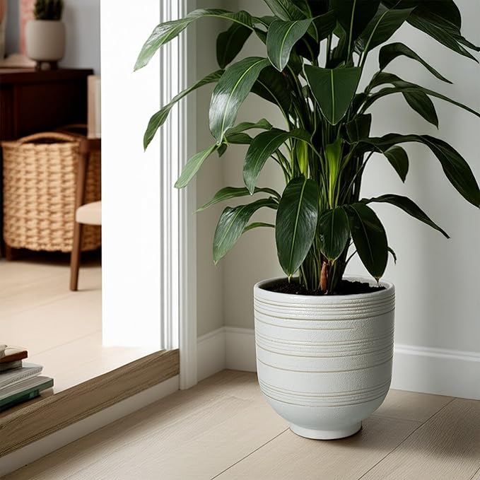 10 Inch Ceramic Planter with Drainage, Large Indoor Planter for Olive Trees, Artificial Trees & More, Mid - Century Modern Design Ideal as Housewarmings