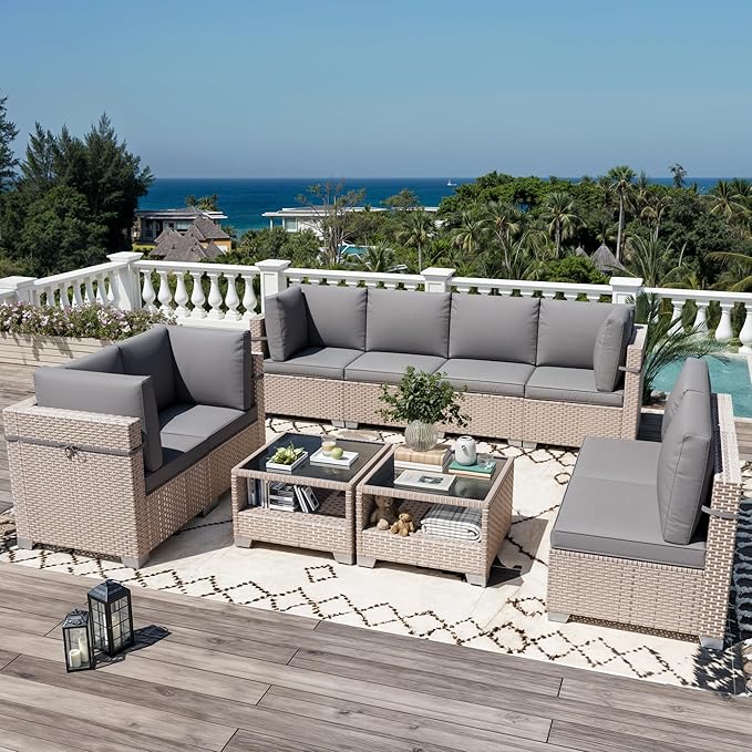 10 Pieces Patio Furniture Set, Outdoor Sectional Wicker Sofa with Thick Cushions and Storage Coffee Table, Rattan Patio Conversation Sets for Deck Yard Poolside, Grey