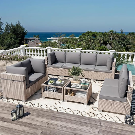 10 Pieces Patio Furniture Set, Outdoor Sectional Wicker Sofa with Thick Cushions and Storage Coffee Table, Rattan Patio Conversation Sets for Deck Yard Poolside, Grey