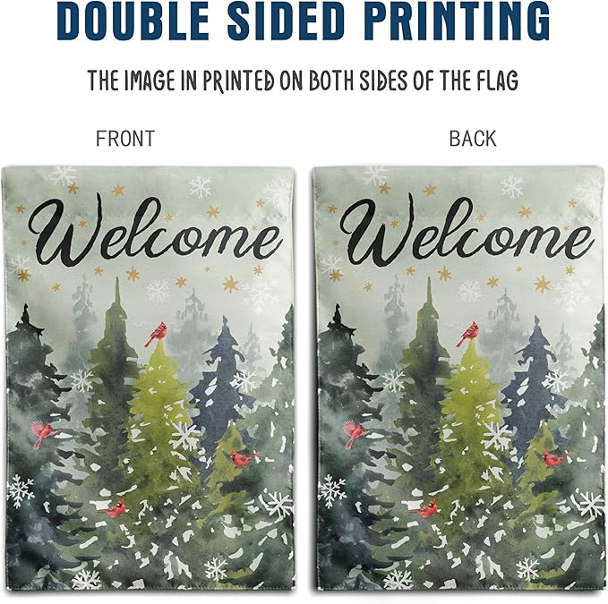 Welcome Winter Garden Flag Pine Tree Flag Snowy Forest Red Birds Cardinals Flag 12x18 Double Sided Outdoor Christmas Farmhouse Decorations Seasonal Yard Flags