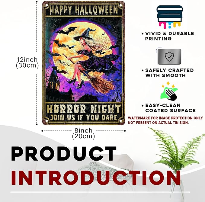 Halloween Spooky Witch Vintage Sign Witchy Bat Halloween Metal Tin Sign for Home Bar Kitchen Hotel Dining Room Coffee 8x12inch