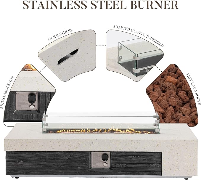 COSIEST 56" Outdoor Propane Fire Pit Table w Tank Cover & Wind Guard, Rectangle Gas Fire Pit Table with Concrete & Wood Grain Design, 50000BTU CSA Certified Fire Tables for Patio, Backyard, Garden