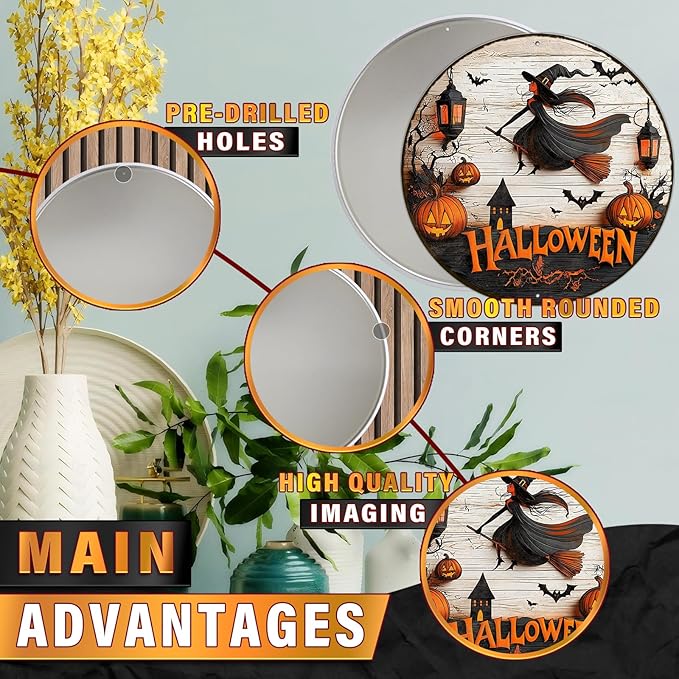 PEACHGARDEN Round Happy Halloween Witch Vintage Sign Pumpkin Metal Tin Sign for Home Bar Kitchen Hotel Dining Room Coffee 12x12inch