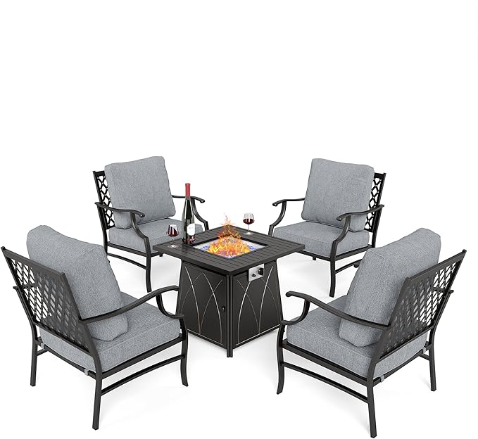 5 Piece Metal Outdoor Patio Furniture Set with Fire Pit Table, Patio Conversation Sets 4 Fixed Chairs with 5.75" Thick Cushion and 5000 BTU Fire Pit Table, Backyard Furniture, Gray