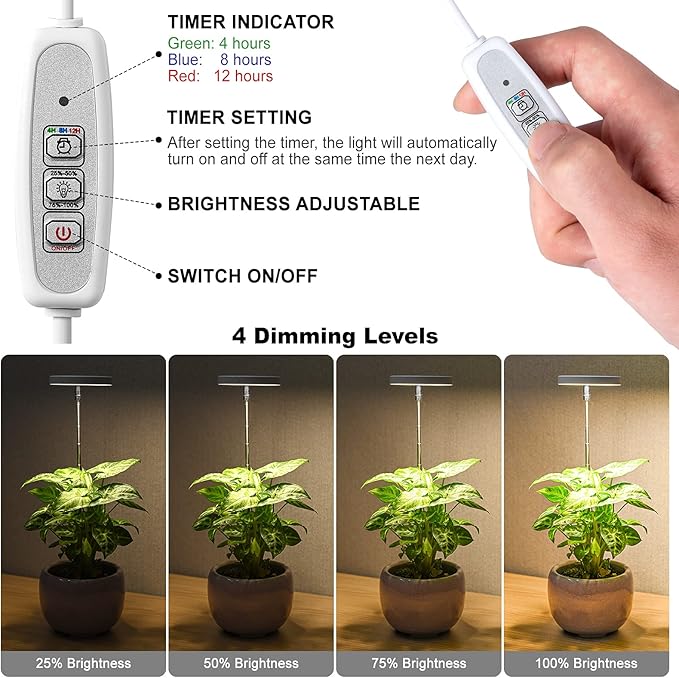LORDEM Grow Light, Full Spectrum LED Plant Light for Indoor Plants, Height Adjustable Growing Lamp with Auto On/Off Timer 4/8/12H, 4 Dimmable Brightness, Ideal Small Pack of 3, Warm White