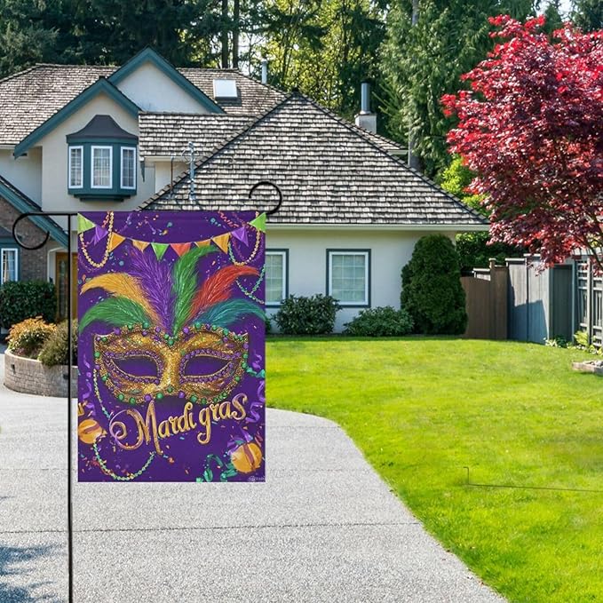 Kcldeci Happy Mardi Gras Mask Welcome Garden Flag 12x18 Inch Fleur De Lis Carnival Yard Flags Large Vertical Double Sided House Flag Holiday Decorative Flags for Yard Farmhouse