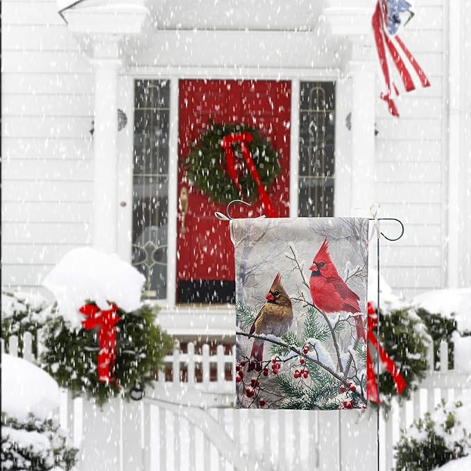 Winter Cardinal Bird Garden Flags Christmas Banners for Outside 12x18 Double Sided Red Birds on Tree Branch Flag Welcome New Year Yard Flag Farmhouse Outdoor Decor
