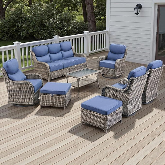 Wicker Outdoor Patio Furniture Set - 8 Piece Patio Conversation Sets with Swivel Rocker Chairs, Ottomans, Sofa and Table, 6 inch Cushions, Deep Seating, for Porch Deck Mixed Grey/Blue