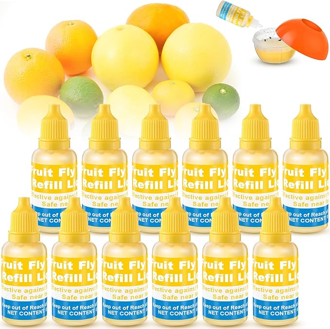 Qualirey Fruit Fly Trap for Indoor and Kitchen Use, 0.68 oz Each Bottle Fruit Fly Trap Refill Liquid, Ready to Use, Safe Near Food, Efficient Lure Refill Liquid, Yellow(12 Pack)
