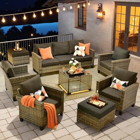 HOOOWOOO Outdoor Patio Furniture Set,8 Pieces Wicker Conversation Set,All Weather Couch Set with Solar Light Table Ottoman Chairs 9 Seaters for Out Door Yard(Black)